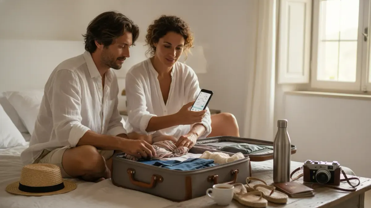 Coppia in viaggio prepara la valigia in una camera mediterranea luminosa, pronta per partire seguendo i consigli di viaggio Finderoom per risparmiare senza rinunciare al comfort.