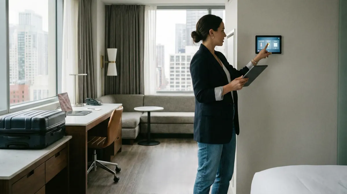 Una donna in abbigliamento business controlla un pannello touch screen a parete per gestire la domotica di una moderna camera d'albergo, tenendo un tablet nell'altra mano. La stanza luminosa presenta una grande vetrata con vista sui grattacieli della città, una valigia rigida appoggiata su un mobile e una scrivania ordinata con un computer portatile.