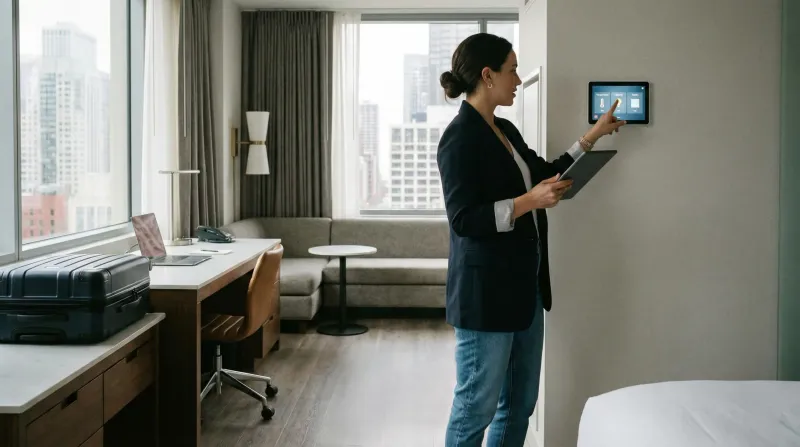 Una donna in abbigliamento business controlla un pannello touch screen a parete per gestire la domotica di una moderna camera d'albergo, tenendo un tablet nell'altra mano. La stanza luminosa presenta una grande vetrata con vista sui grattacieli della città, una valigia rigida appoggiata su un mobile e una scrivania ordinata con un computer portatile.