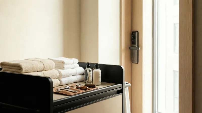 Carrello housekeeping con asciugamani piegati, prodotti cortesia e attrezzi di manutenzione accanto a una porta con smart lock, simbolo di una gestione operativa professionale negli affitti brevi.