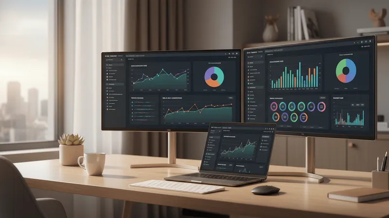 Workspace moderno con doppio monitor che mostra dashboard di revenue management, grafici di ADR, RevPAR e tasso di occupazione per affitti brevi.