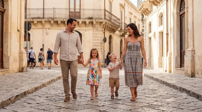 Famiglia felice che passeggia per le storiche vie di Ortigia