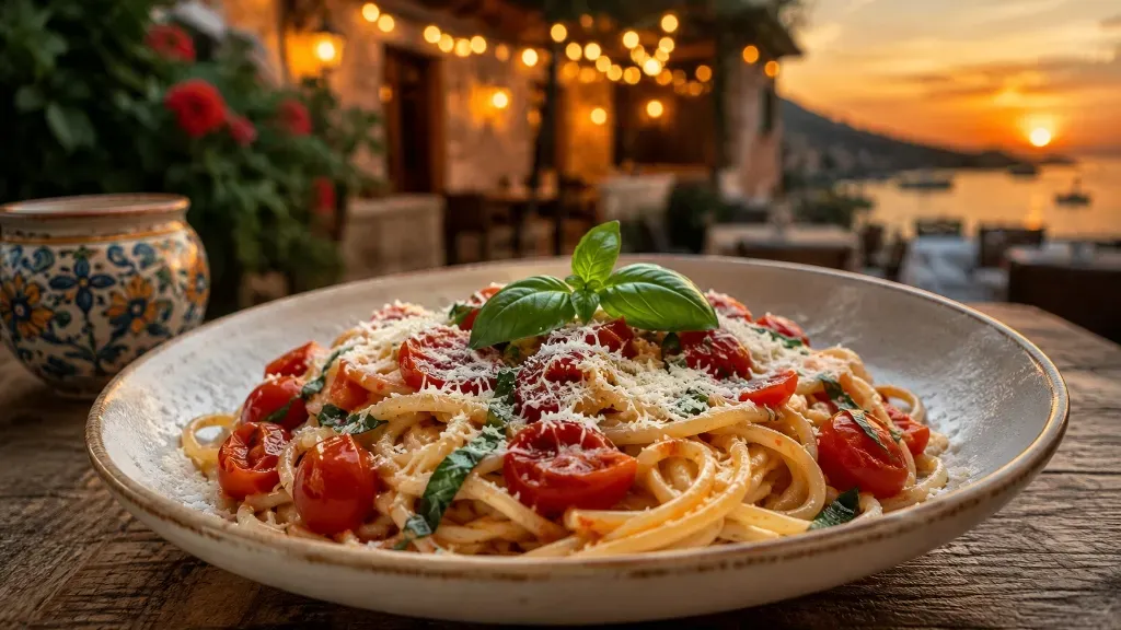 Piatto tradizionale di pasta siciliana al pomodoro su un tavolo rustico